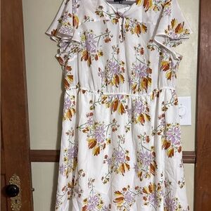 Elegant Floral Midi Dress - White with Yellow and Purple Ryan Wythe